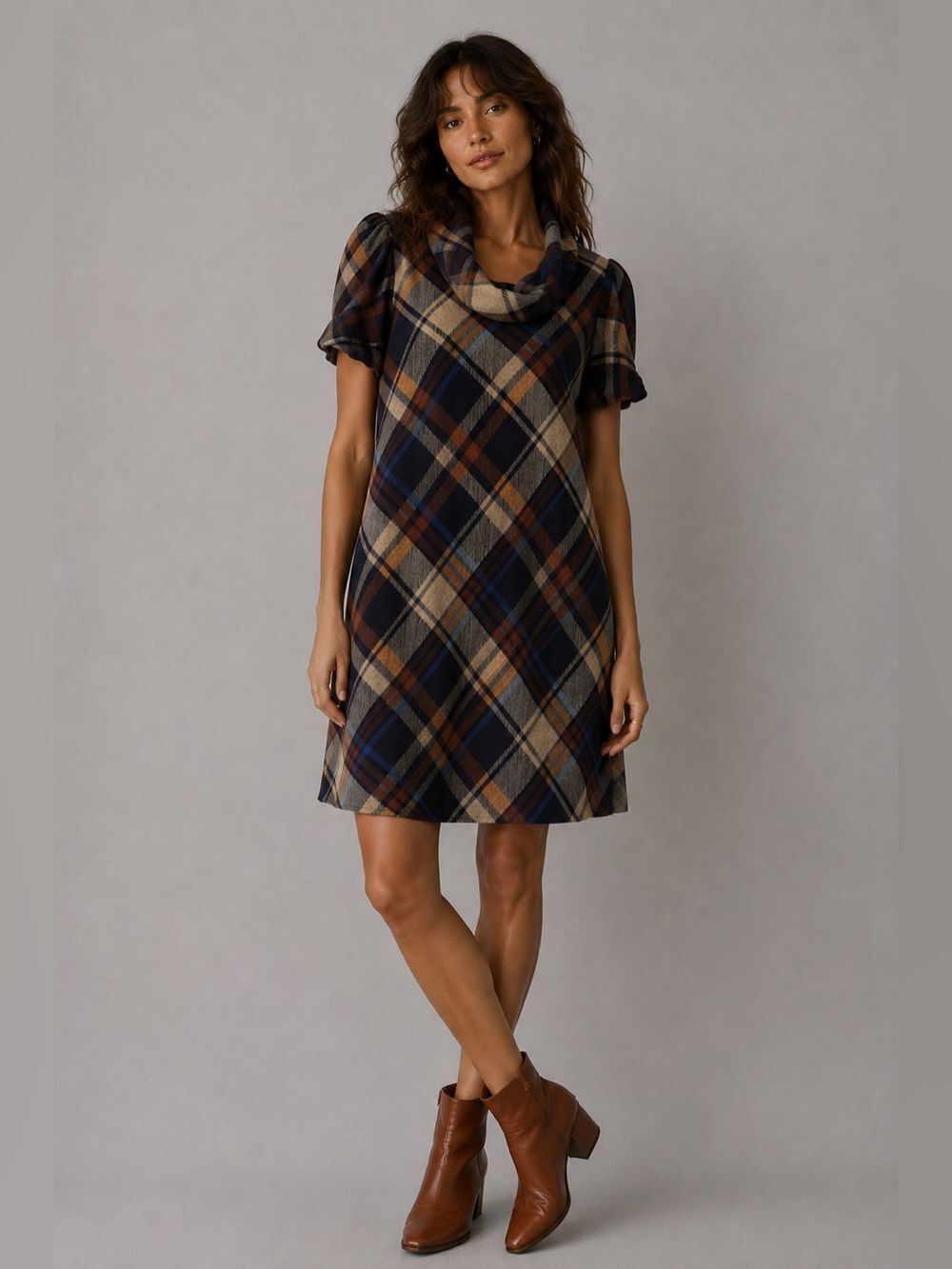 Jessica Howard JH Plaid Cowl Neck Dress S Puff Sleeve Blue Brown Academia